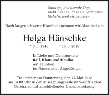 Traueranzeige von Helga Hänschke von merkurtz