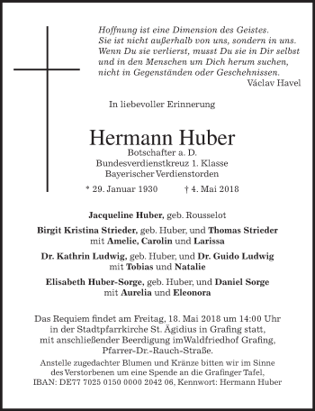 Traueranzeige von Hermann Huber von merkurtz