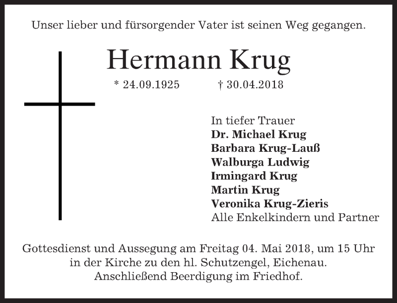  Traueranzeige für Hermann Krug vom 03.05.2018 aus merkurtz