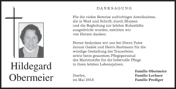Traueranzeige von Hildegard Obermeier von merkurtz