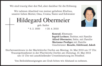 Traueranzeige von Hildegard Obermeier von merkurtz