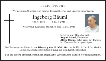 Traueranzeige von Ingeborg Bäuml von merkurtz
