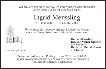Traueranzeige von Ingrid Meussling von merkurtz