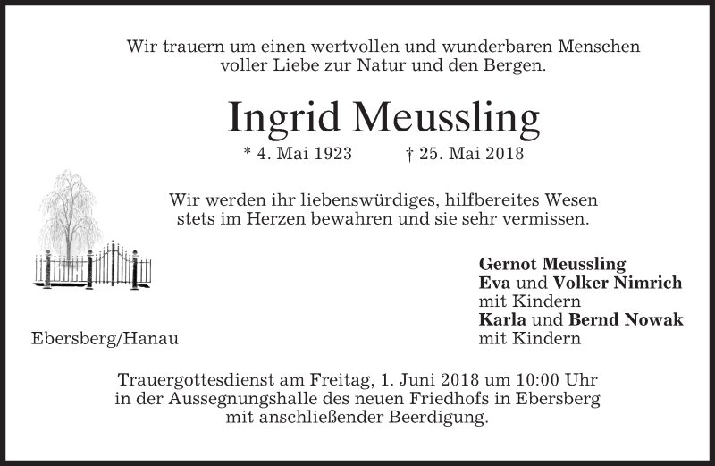  Traueranzeige für Ingrid Meussling vom 29.05.2018 aus merkurtz