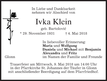 Traueranzeige von Ivka Klein von merkurtz