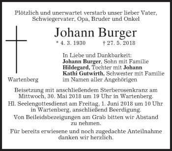 Traueranzeige von Johann Burger von merkurtz