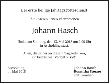 Traueranzeige von Johann Hasch von merkurtz