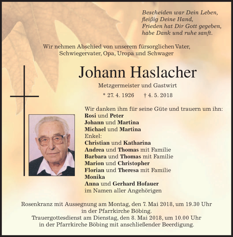 Traueranzeigen von Johann Haslacher | trauer.merkur.de