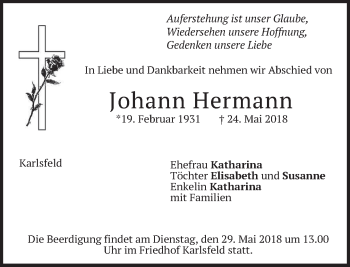 Traueranzeige von Johann Hermann von merkurtz