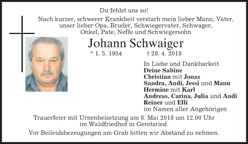  Traueranzeige für Johann Schwaiger vom 05.05.2018 aus merkurtz