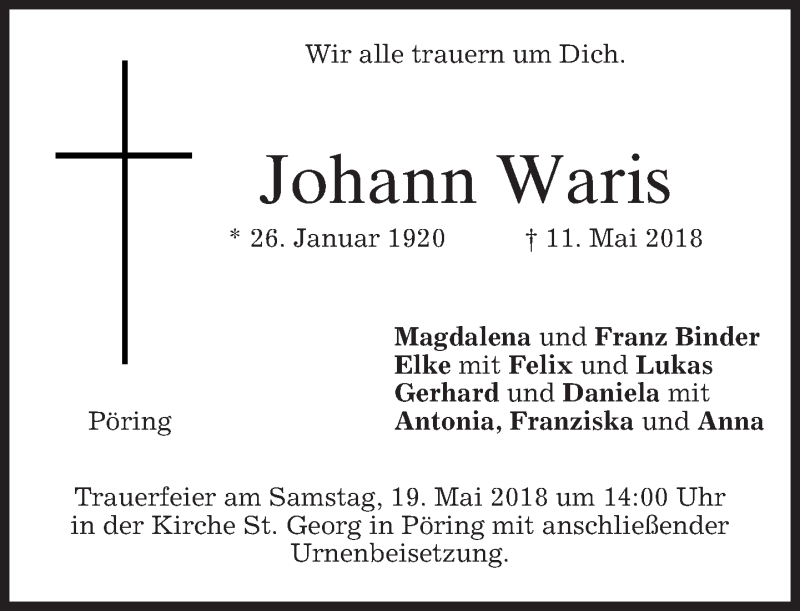  Traueranzeige für Johann Waris vom 17.05.2018 aus merkurtz