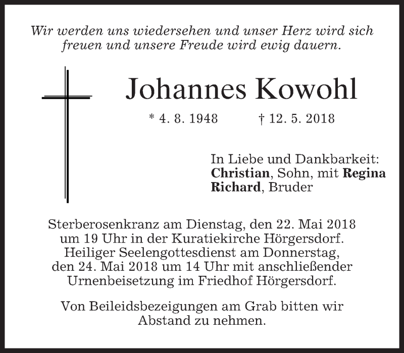  Traueranzeige für Johannes Kowohl vom 22.05.2018 aus merkurtz