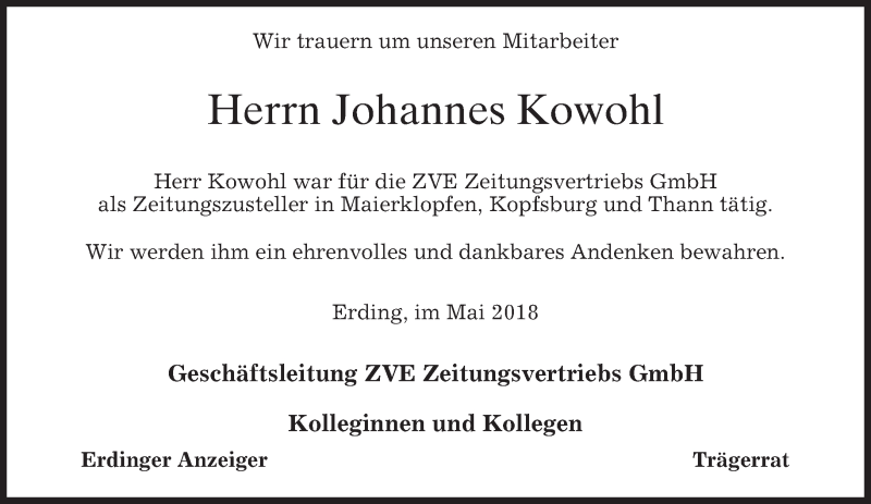  Traueranzeige für Johannes Kowohl vom 23.05.2018 aus merkurtz