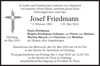 Traueranzeige von Josef Friedmann von merkurtz