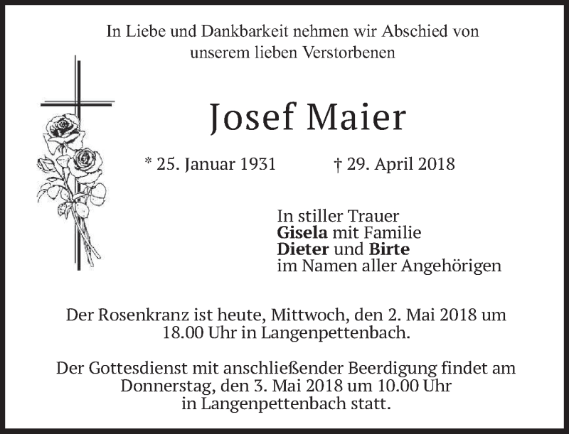  Traueranzeige für Josef Maier vom 02.05.2018 aus merkurtz