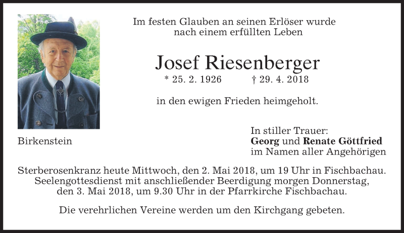  Traueranzeige für Josef Riesenberger vom 02.05.2018 aus merkurtz