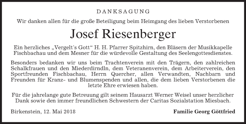  Traueranzeige für Josef Riesenberger vom 12.05.2018 aus merkurtz