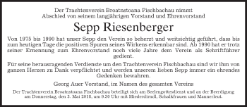 Traueranzeige von Josef Riesenberger von merkurtz