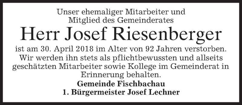  Traueranzeige für Josef Riesenberger vom 03.05.2018 aus merkurtz