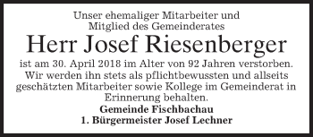 Traueranzeige von Josef Riesenberger von merkurtz