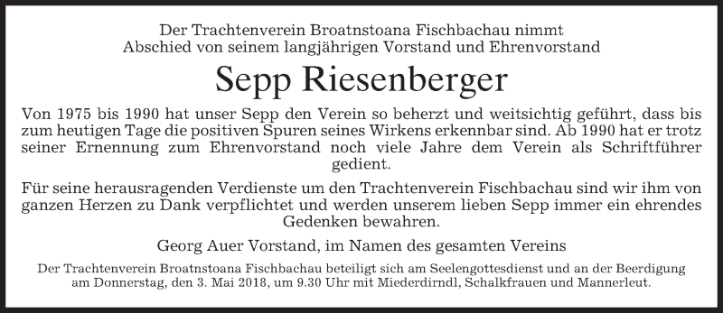  Traueranzeige für Josef Riesenberger vom 02.05.2018 aus merkurtz