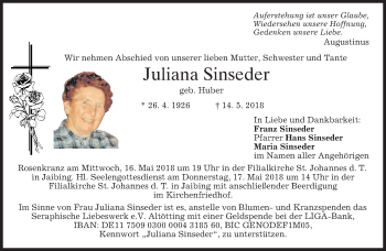 Traueranzeige von Juliana Sinseder von merkurtz