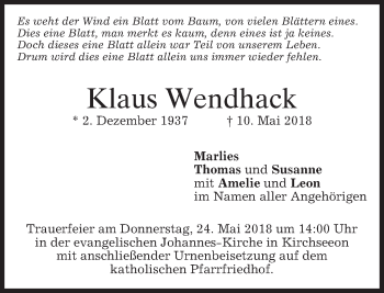 Traueranzeige von KLaus Wendhack von merkurtz