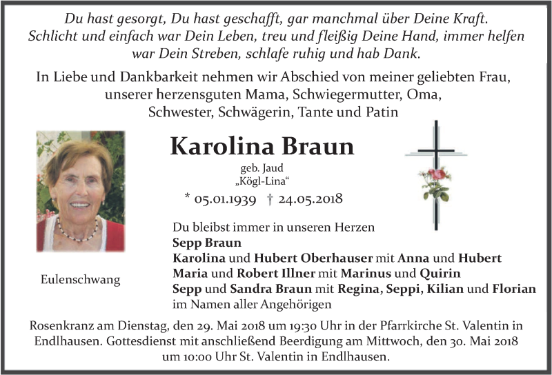  Traueranzeige für Karolina Braun vom 26.05.2018 aus merkurtz