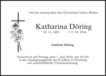 Traueranzeige von Katharina Döring von Das Gelbe Blatt Penzberg