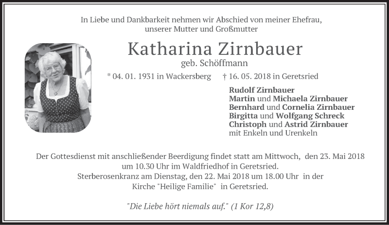  Traueranzeige für Katharina Zirnbauer vom 19.05.2018 aus merkurtz