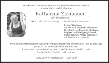 Traueranzeige von Katharina Zirnbauer von merkurtz