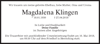 Traueranzeige von Magdalena Klingen von merkurtz