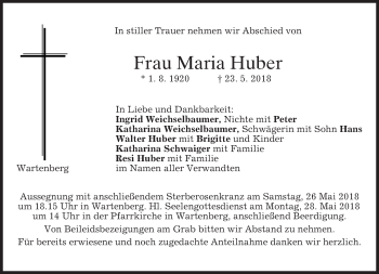 Traueranzeige von Maria Huber von merkurtz