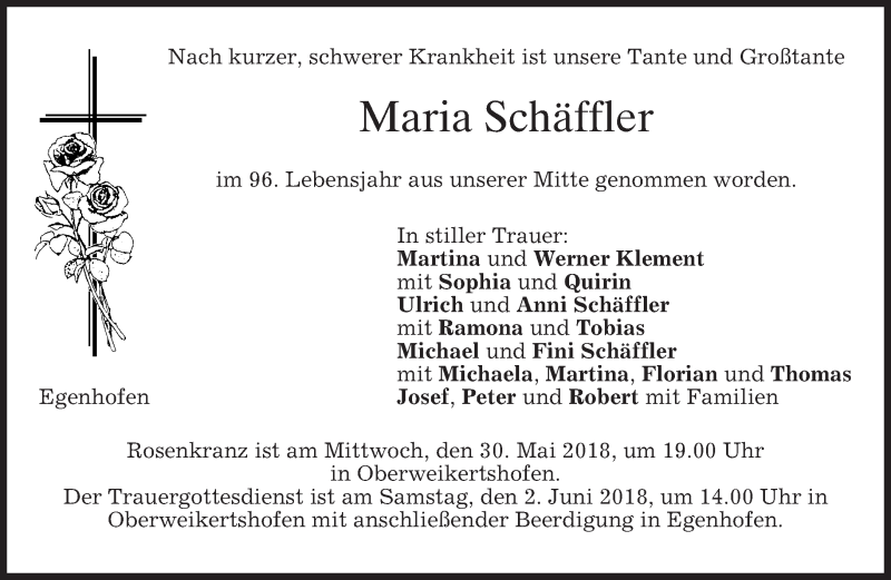  Traueranzeige für Maria Schäffler vom 30.05.2018 aus merkurtz