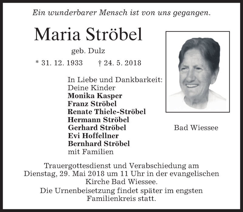  Traueranzeige für Maria Ströbel vom 26.05.2018 aus merkurtz