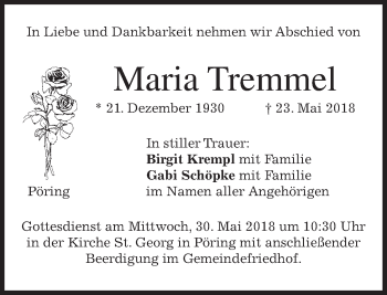 Traueranzeige von Maria Tremmel von merkurtz