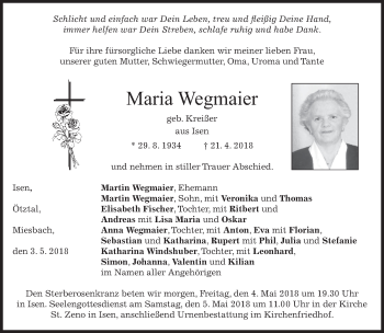 Traueranzeige von Maria Wegmaier von merkurtz