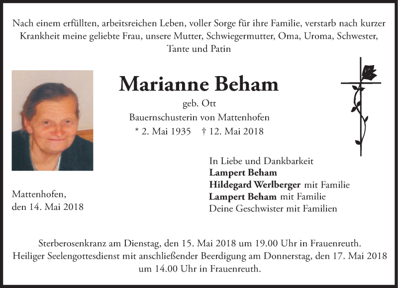  Traueranzeige für Marianne Beham vom 14.05.2018 aus merkurtz