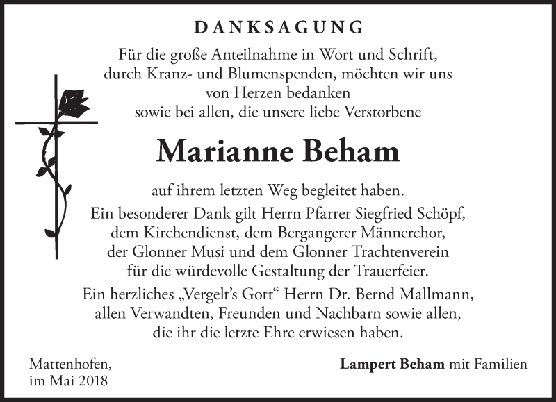  Traueranzeige für Marianne Beham vom 26.05.2018 aus merkurtz