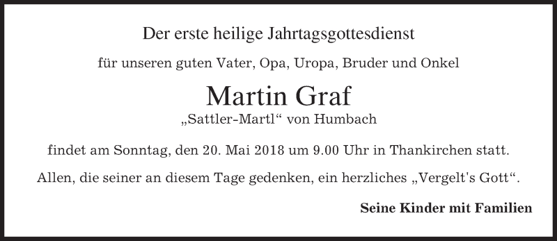  Traueranzeige für Martin Graf vom 19.05.2018 aus merkurtz