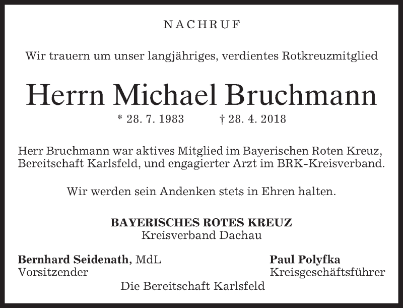  Traueranzeige für Michael Bruchmann vom 08.05.2018 aus merkurtz
