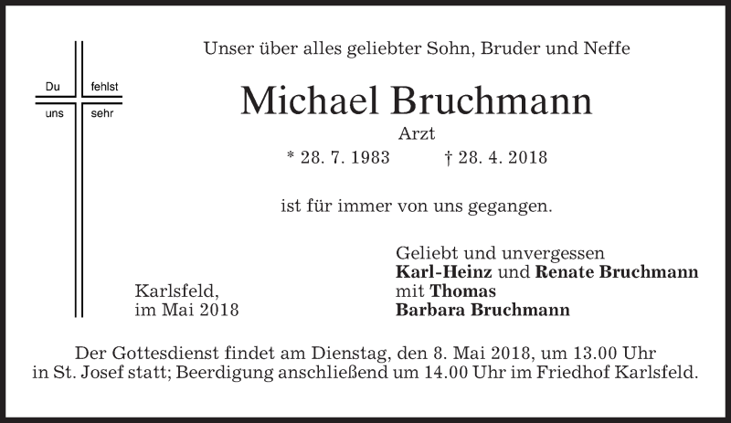 Traueranzeige für Michael Bruchmann vom 04.05.2018 aus merkurtz