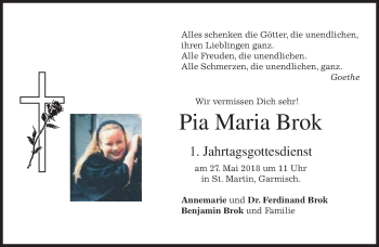 Traueranzeige von Pia Maria Brok von merkurtz