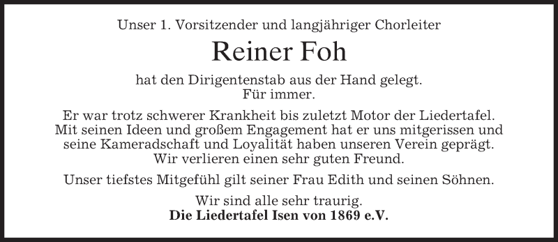  Traueranzeige für Reiner Foh vom 24.05.2018 aus merkurtz