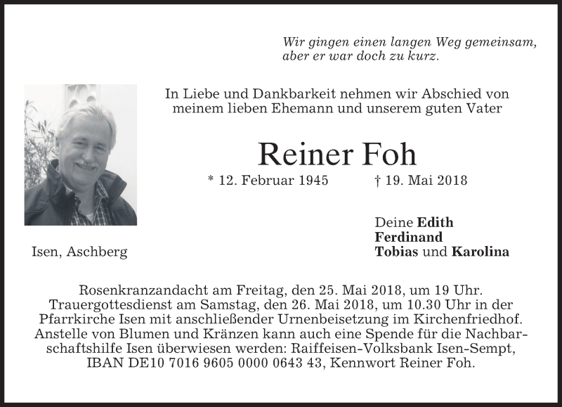  Traueranzeige für Reiner Foh vom 24.05.2018 aus merkurtz