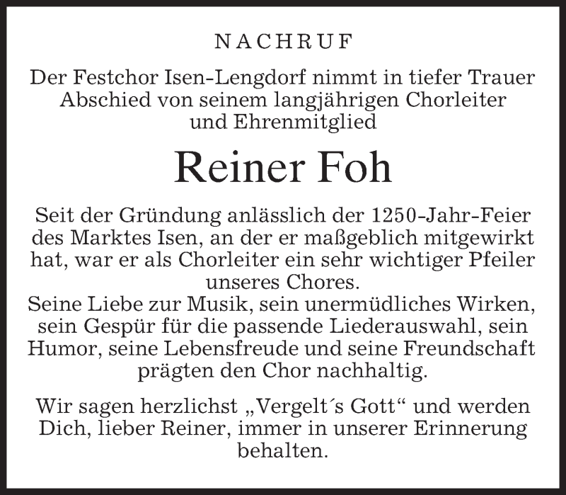 Traueranzeige für Reiner Foh vom 24.05.2018 aus merkurtz