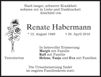 Traueranzeige von Renate Habermann von merkurtz