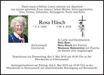 Traueranzeige von Rosa Häsch von merkurtz
