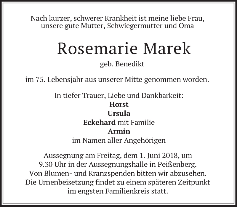  Traueranzeige für Rosemarie Marek vom 30.05.2018 aus merkurtz