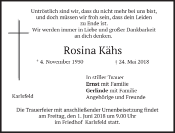 Traueranzeige von Rosina Kähs von merkurtz